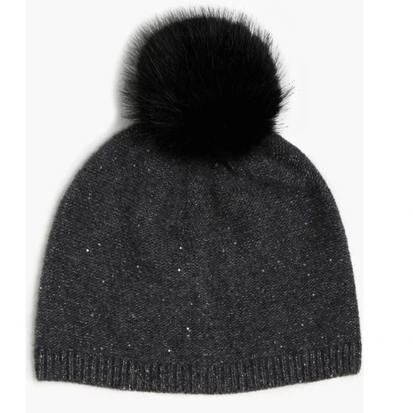 Sofia Cashmere‎ Sequin 100% Cashmere Beanie with Faux Fur Pompom Gray/Black, NWT - Picture 5 of 14